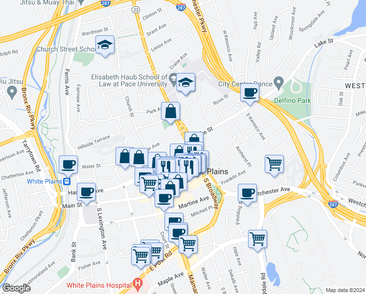 map of restaurants, bars, coffee shops, grocery stores, and more near 400 Hamilton Avenue in White Plains
