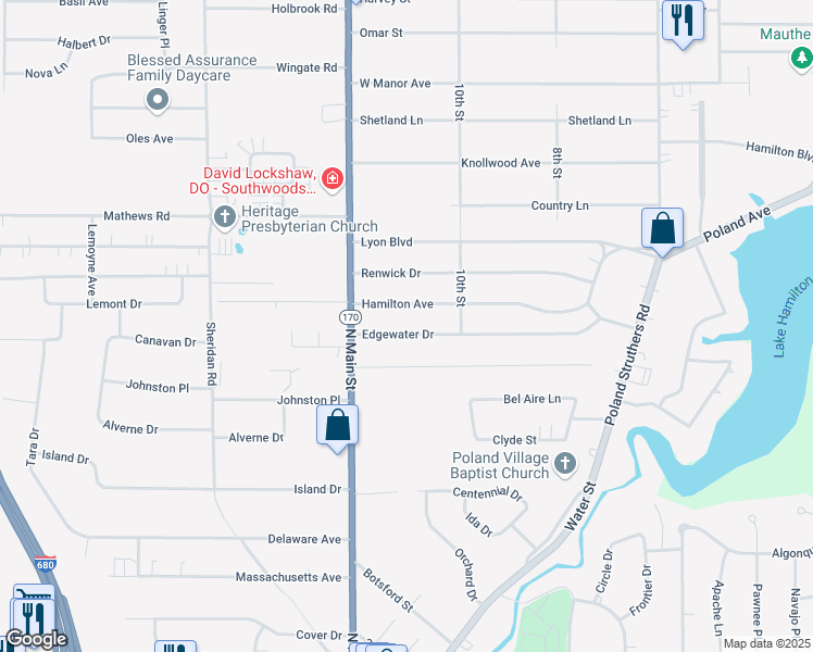 map of restaurants, bars, coffee shops, grocery stores, and more near 44 Edgewater Drive in Poland