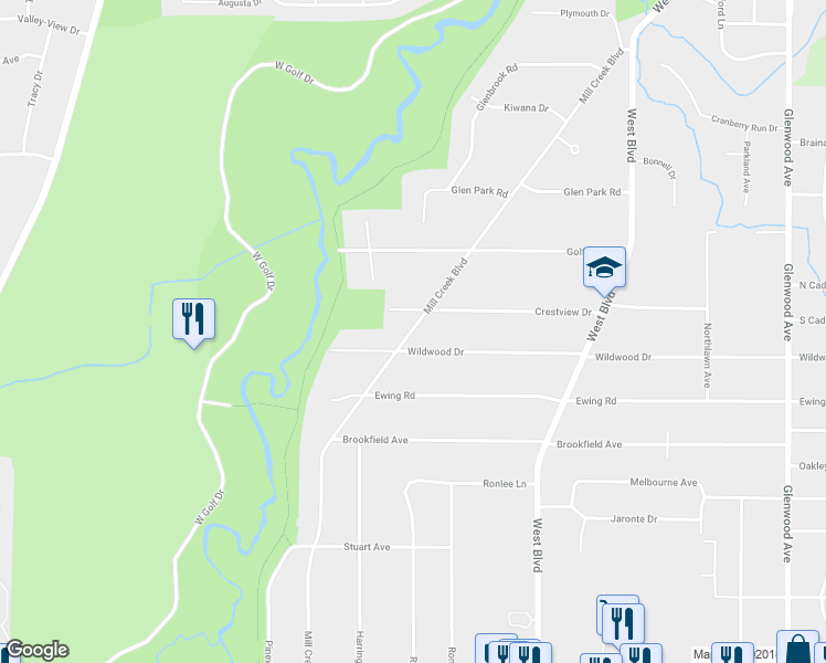 map of restaurants, bars, coffee shops, grocery stores, and more near 6231 Mill Creek Boulevard in Youngstown
