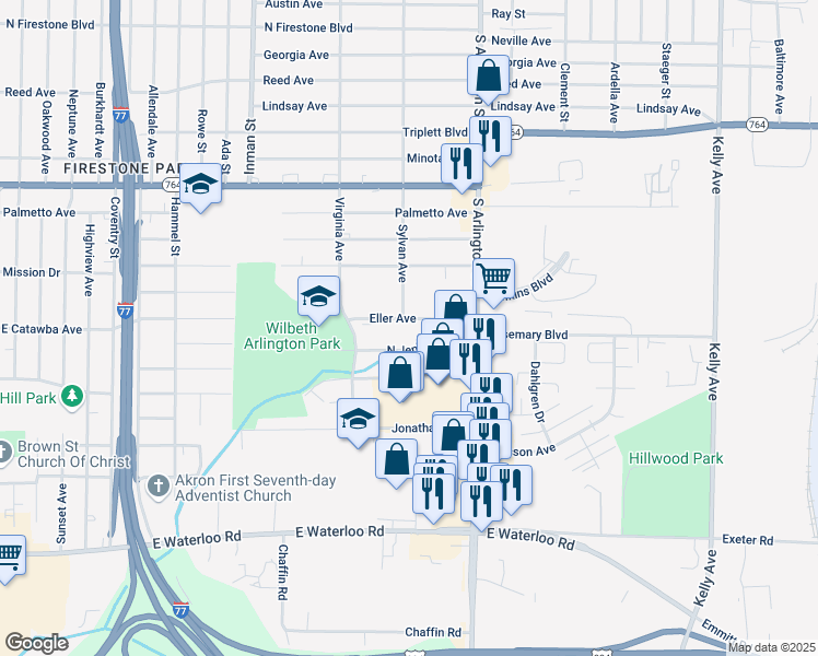 map of restaurants, bars, coffee shops, grocery stores, and more near 919 North Jenkins Boulevard in Akron