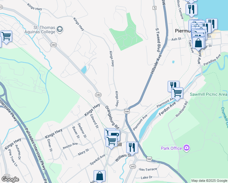 map of restaurants, bars, coffee shops, grocery stores, and more near 25 Queens Court in Orangeburg