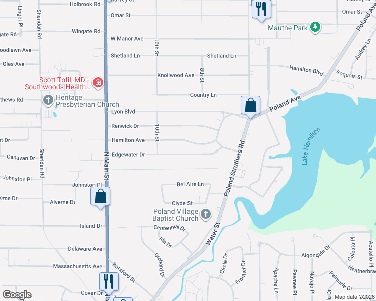 map of restaurants, bars, coffee shops, grocery stores, and more near 2350 Edgewater Drive in Youngstown