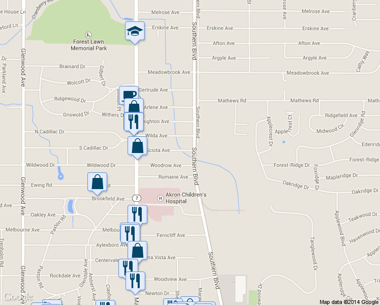map of restaurants, bars, coffee shops, grocery stores, and more near 93 Sciota Avenue in Youngstown