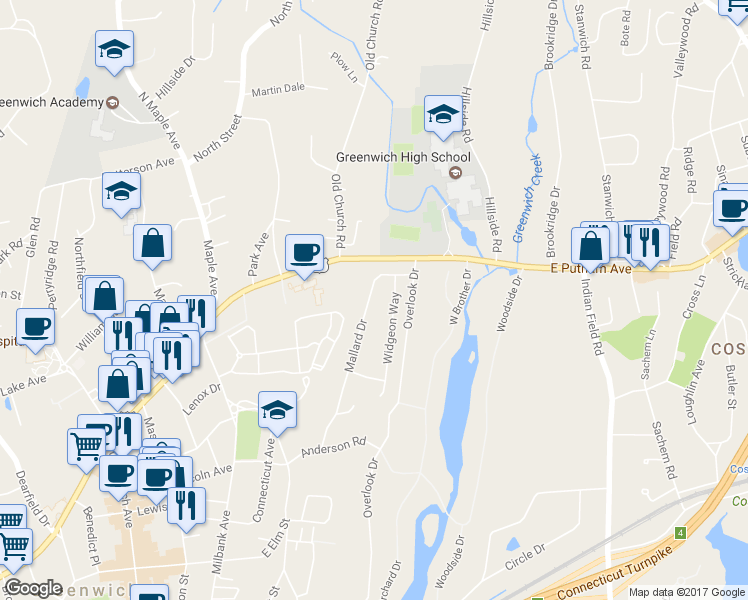 map of restaurants, bars, coffee shops, grocery stores, and more near 26 Mallard Drive in Greenwich