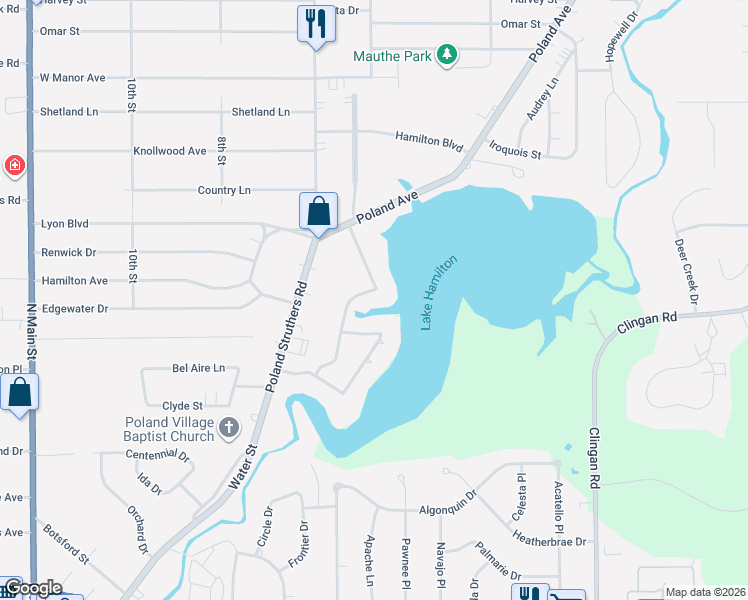 map of restaurants, bars, coffee shops, grocery stores, and more near 89 Lakeshore Drive in Struthers