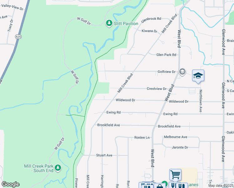 map of restaurants, bars, coffee shops, grocery stores, and more near 6234 Mill Creek Boulevard in Youngstown