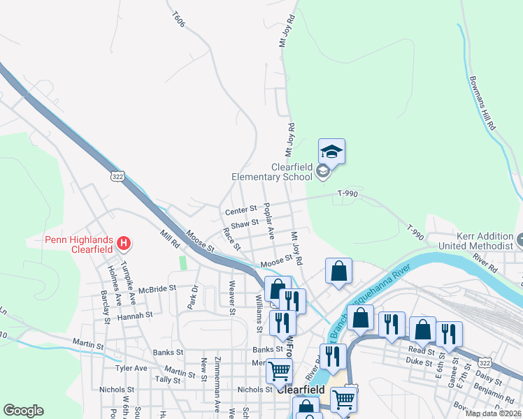 map of restaurants, bars, coffee shops, grocery stores, and more near 311 Poplar Avenue in Clearfield
