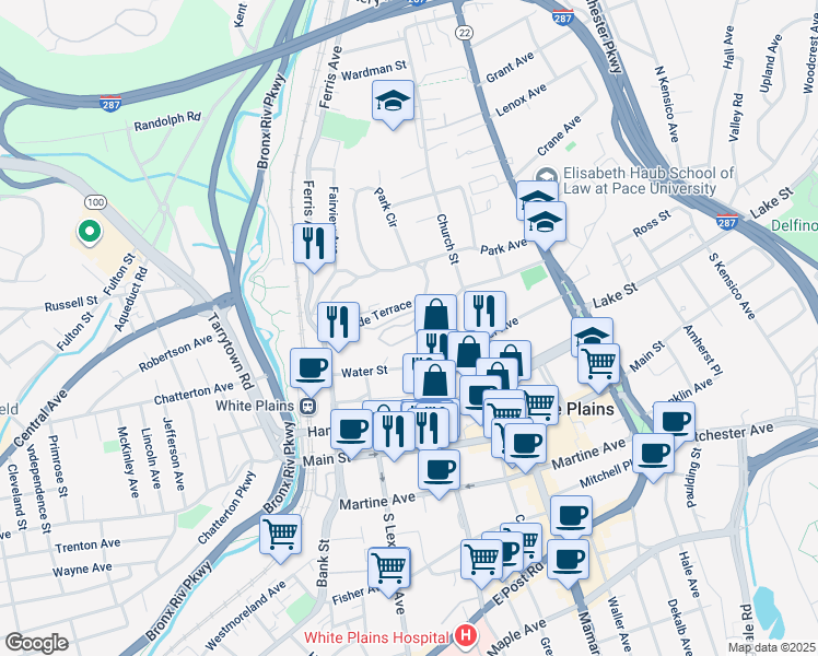 map of restaurants, bars, coffee shops, grocery stores, and more near 25 Rockledge Avenue in White Plains