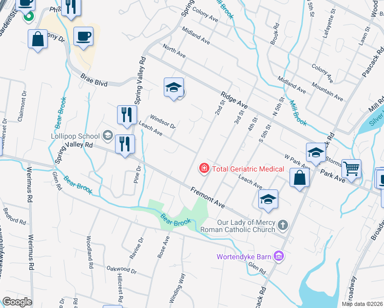 map of restaurants, bars, coffee shops, grocery stores, and more near 61 2nd Street in Park Ridge