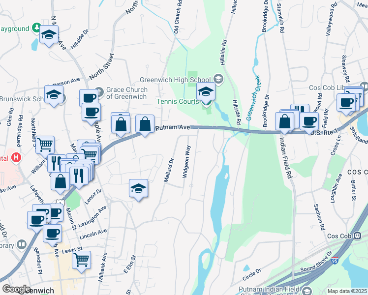 map of restaurants, bars, coffee shops, grocery stores, and more near 26 Mallard Drive in Greenwich