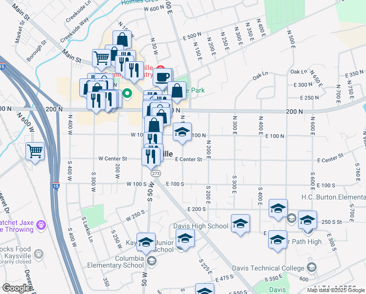 map of restaurants, bars, coffee shops, grocery stores, and more near 50 North 100 East in Kaysville