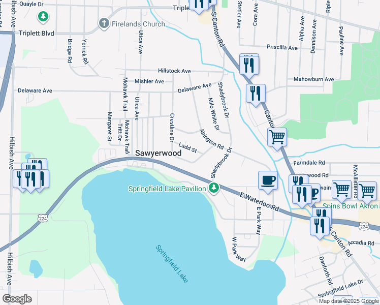 map of restaurants, bars, coffee shops, grocery stores, and more near 1069 Crestline Drive in Akron