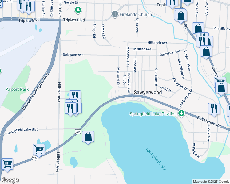 map of restaurants, bars, coffee shops, grocery stores, and more near 2341 East Waterloo Road in Akron