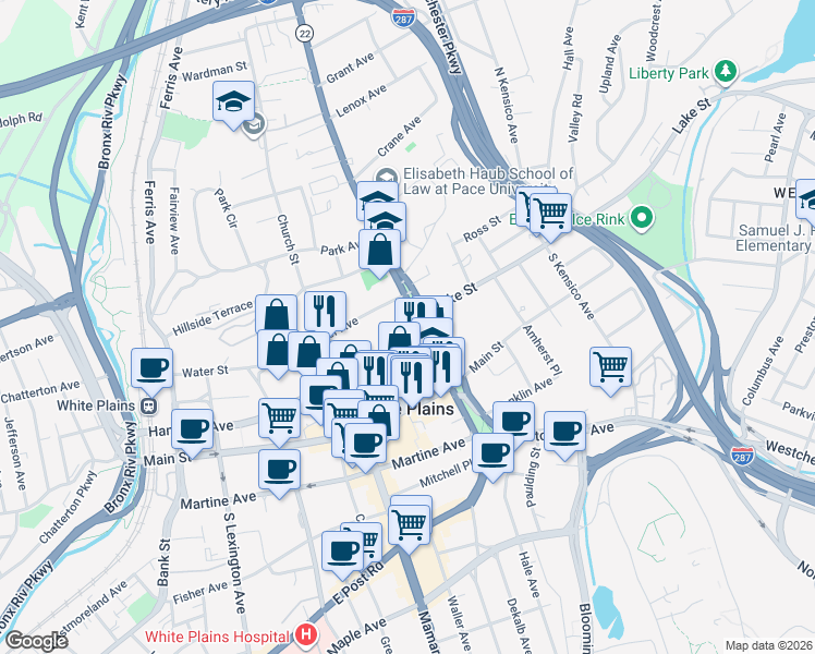 map of restaurants, bars, coffee shops, grocery stores, and more near 440 Hamilton Avenue in White Plains