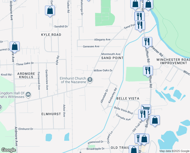 map of restaurants, bars, coffee shops, grocery stores, and more near 2927 Sand Point Rd in Fort Wayne
