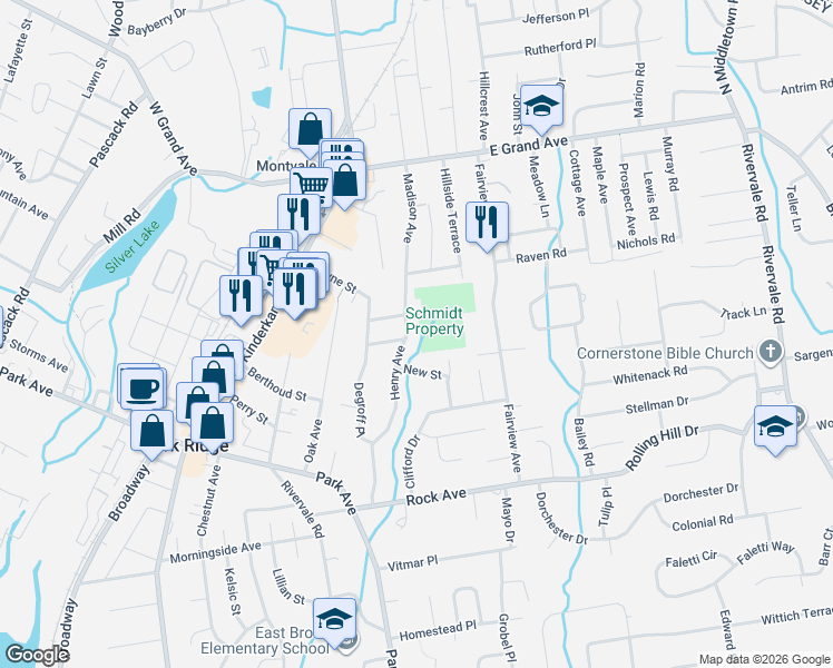 map of restaurants, bars, coffee shops, grocery stores, and more near 24 Henry Avenue in Park Ridge
