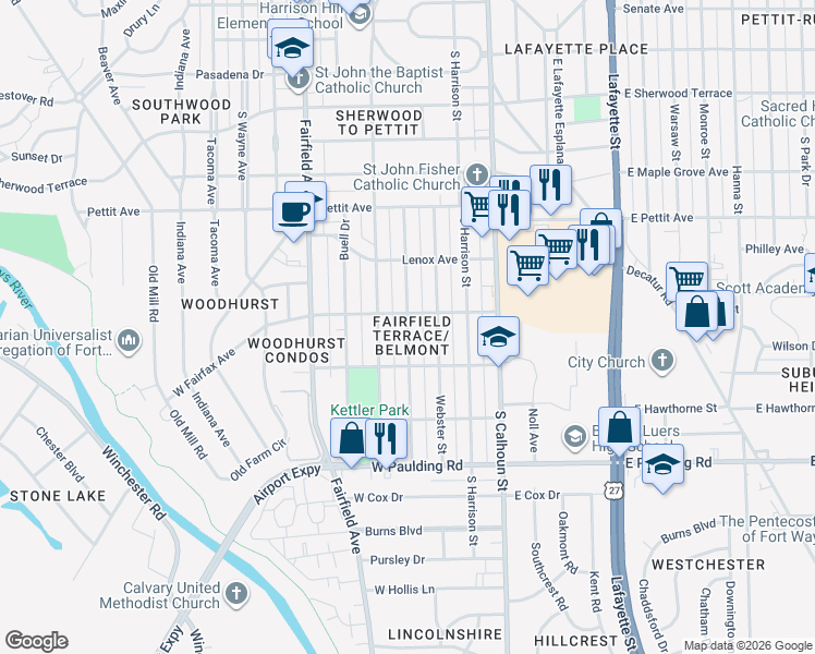 map of restaurants, bars, coffee shops, grocery stores, and more near 5214 Mcclellan Street in Fort Wayne