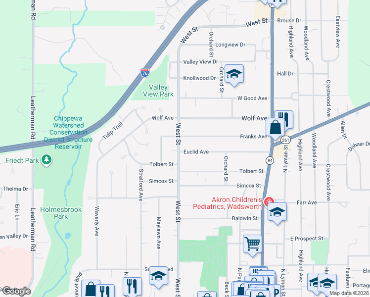 map of restaurants, bars, coffee shops, grocery stores, and more near 260 Euclid Ave in Wadsworth