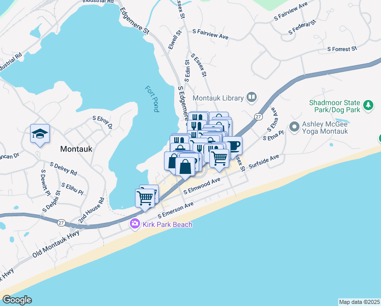 map of restaurants, bars, coffee shops, grocery stores, and more near 99 South Edgemere Street in Montauk