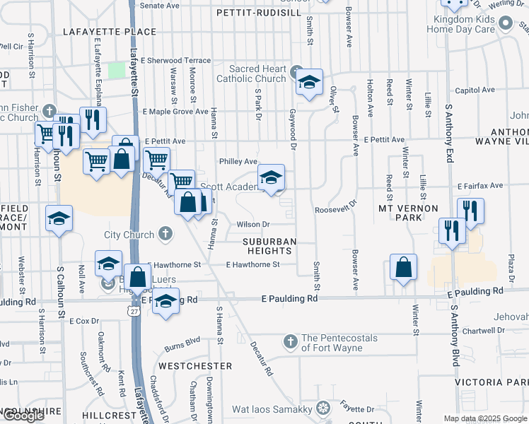 map of restaurants, bars, coffee shops, grocery stores, and more near 950 East Fairfax Avenue in Fort Wayne