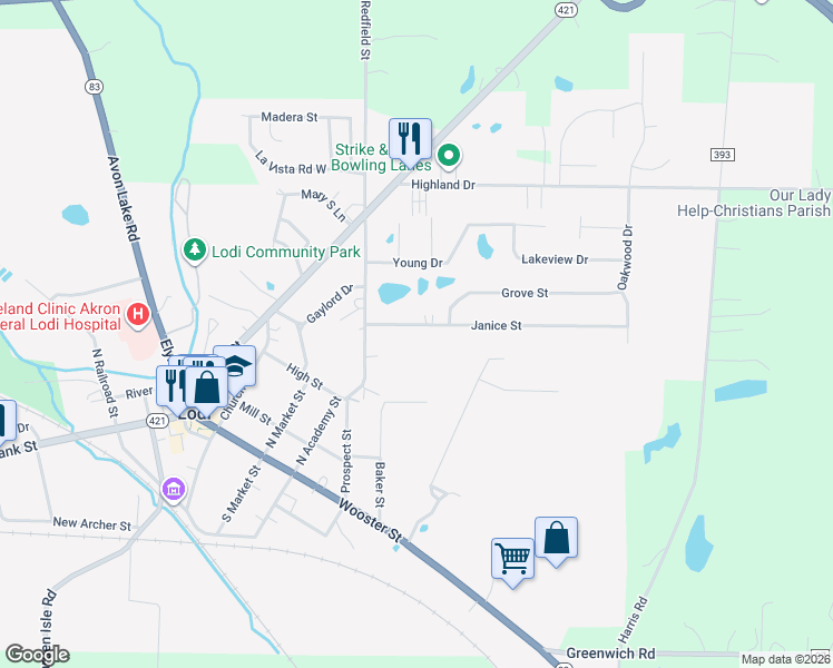 map of restaurants, bars, coffee shops, grocery stores, and more near 112 Janice Street in Lodi