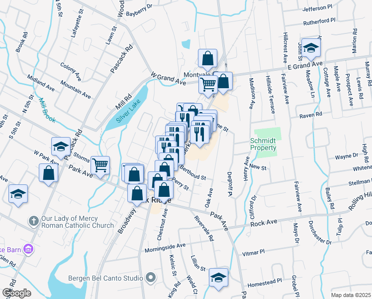 map of restaurants, bars, coffee shops, grocery stores, and more near 175 Kinderkamack Road in Park Ridge