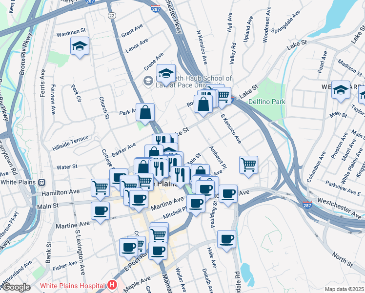 map of restaurants, bars, coffee shops, grocery stores, and more near 16 North Broadway in White Plains