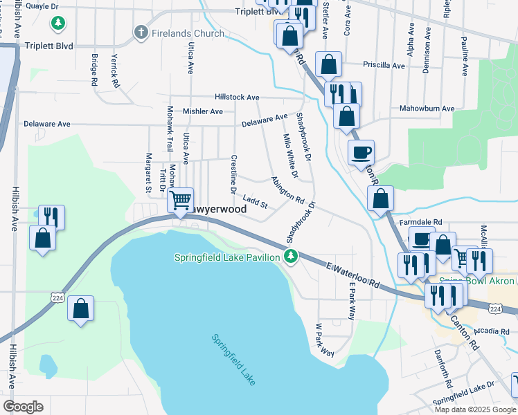 map of restaurants, bars, coffee shops, grocery stores, and more near 1069 Crestline Drive in Akron