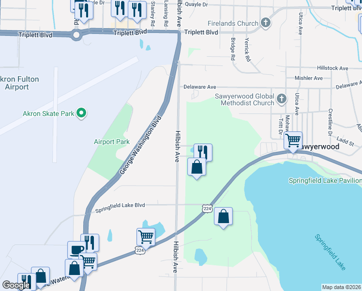 map of restaurants, bars, coffee shops, grocery stores, and more near 2053 Coleman Avenue in Akron