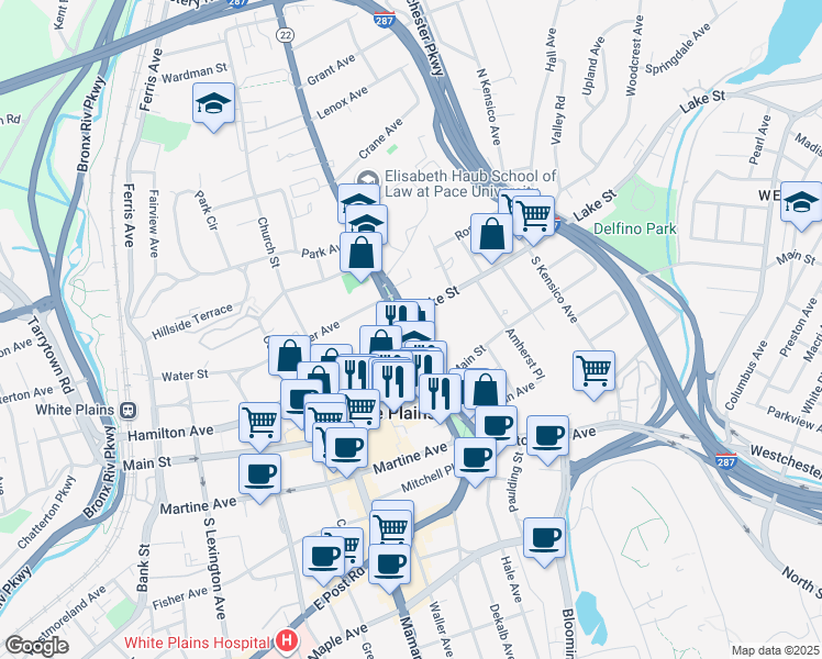 map of restaurants, bars, coffee shops, grocery stores, and more near 7 North Broadway in White Plains