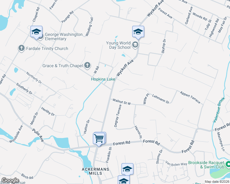 map of restaurants, bars, coffee shops, grocery stores, and more near 104 Lehmann Street in Mahwah