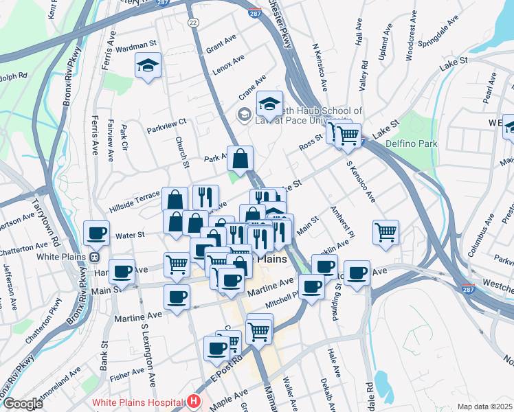 map of restaurants, bars, coffee shops, grocery stores, and more near 400 Hamilton Avenue in White Plains
