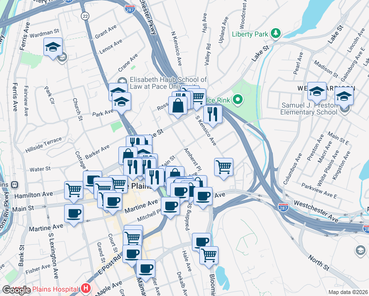 map of restaurants, bars, coffee shops, grocery stores, and more near Main St & Canfield Ave in White Plains