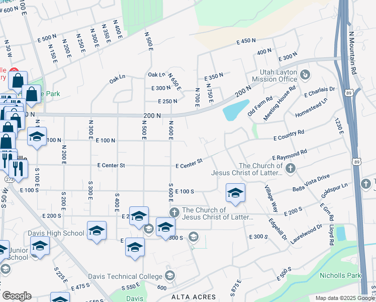 map of restaurants, bars, coffee shops, grocery stores, and more near 648 East 100 North in Kaysville