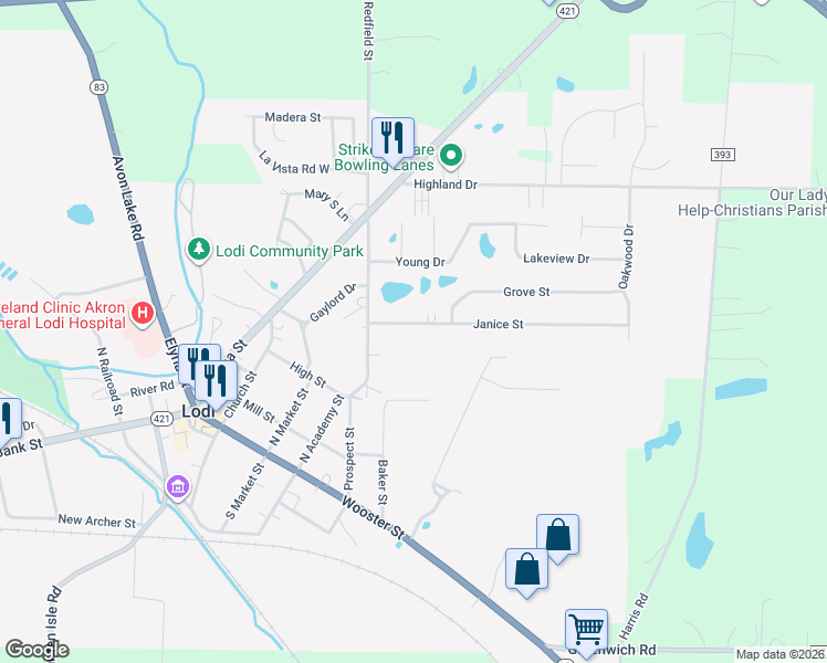 map of restaurants, bars, coffee shops, grocery stores, and more near 112 Janice Street in Lodi