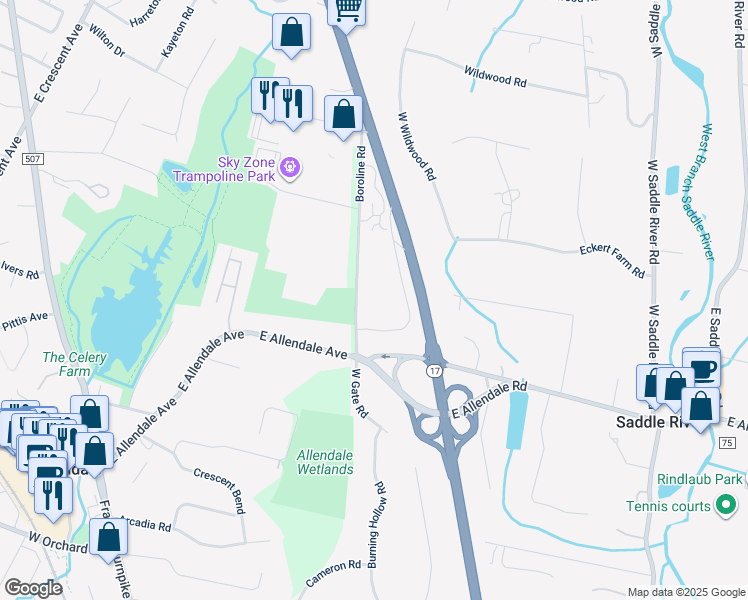 map of restaurants, bars, coffee shops, grocery stores, and more near 5 Boroline Road in Saddle River