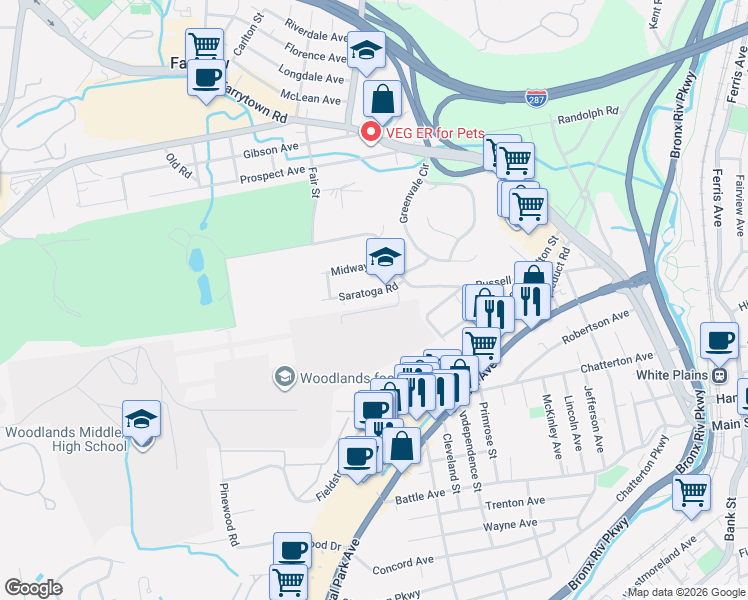 map of restaurants, bars, coffee shops, grocery stores, and more near 6 Saratoga Road in White Plains