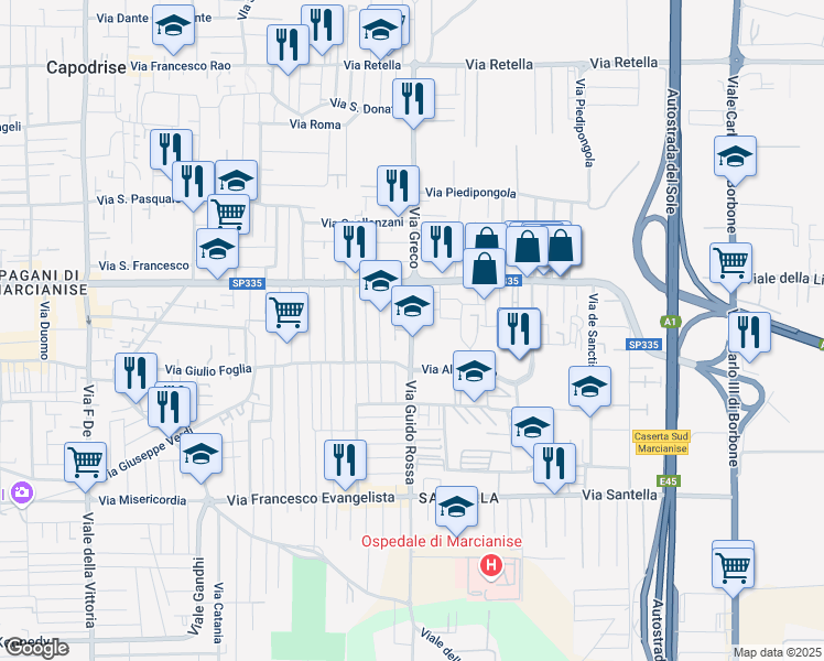 map of restaurants, bars, coffee shops, grocery stores, and more near 67 Via Piersanti Mattarella in Marcianise