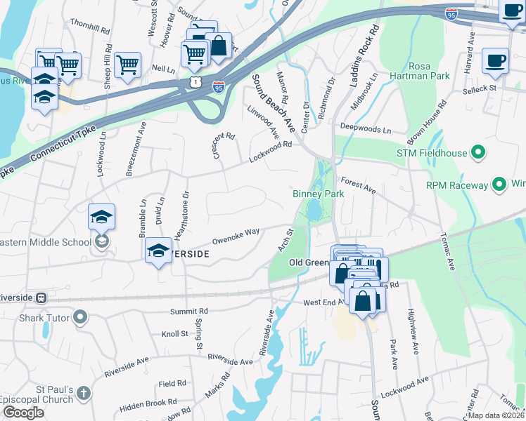 map of restaurants, bars, coffee shops, grocery stores, and more near 66 Winthrop Drive in Greenwich