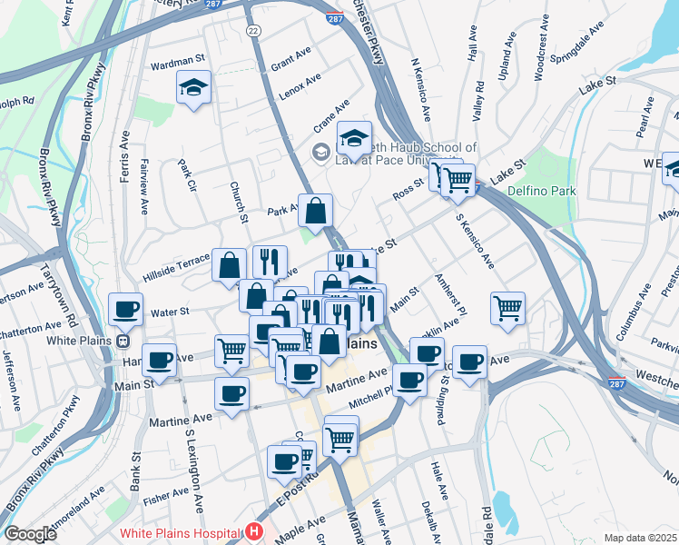 map of restaurants, bars, coffee shops, grocery stores, and more near 400 Hamilton Avenue in White Plains
