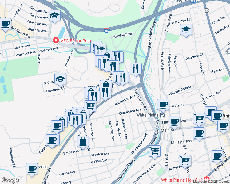 map of restaurants, bars, coffee shops, grocery stores, and more near 257 Central Avenue in White Plains
