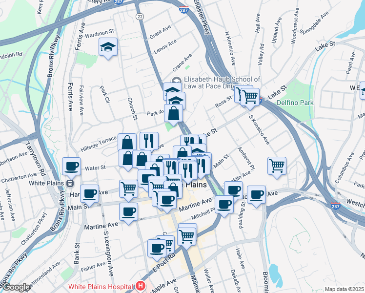 map of restaurants, bars, coffee shops, grocery stores, and more near 400 Hamilton Avenue in White Plains