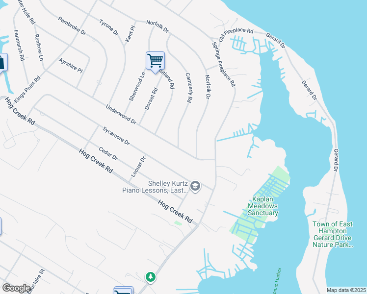 map of restaurants, bars, coffee shops, grocery stores, and more near 3 Underwood Drive in East Hampton