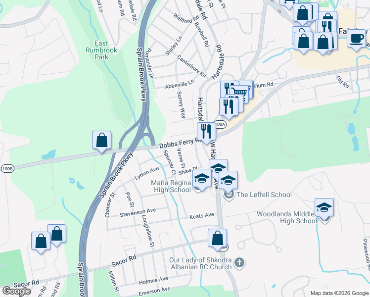 map of restaurants, bars, coffee shops, grocery stores, and more near 7 Verne Place in Hartsdale