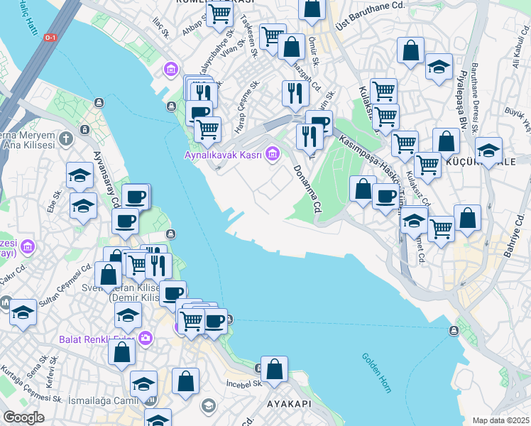 map of restaurants, bars, coffee shops, grocery stores, and more near 27 Donanma Caddesi in Beyoğlu