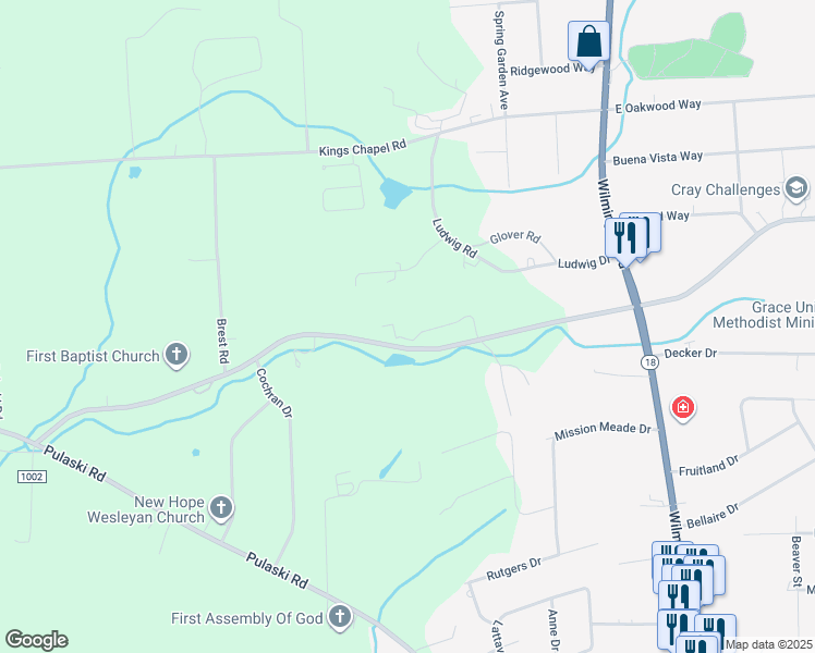 map of restaurants, bars, coffee shops, grocery stores, and more near 182 Windsor Ridge in New Castle