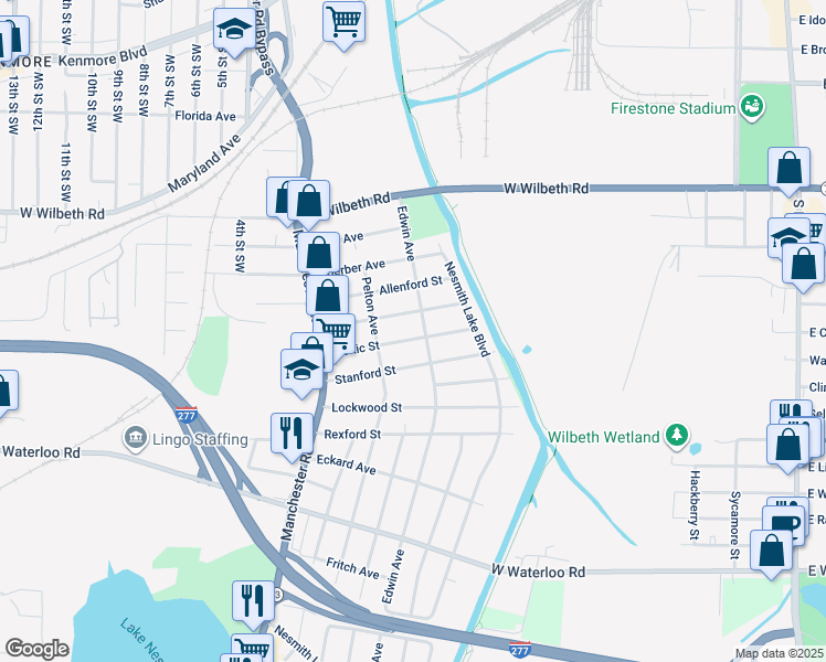 map of restaurants, bars, coffee shops, grocery stores, and more near 410 Celtic Street in Akron