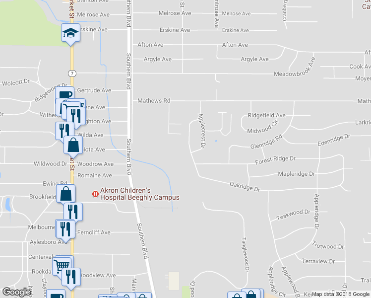 map of restaurants, bars, coffee shops, grocery stores, and more near 521 Oakridge Drive in Youngstown