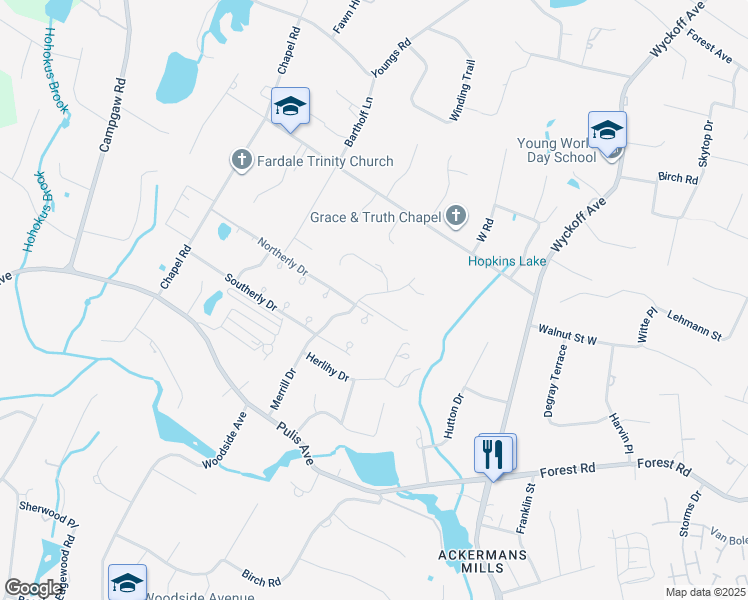 map of restaurants, bars, coffee shops, grocery stores, and more near 43 Merrill Drive in Mahwah