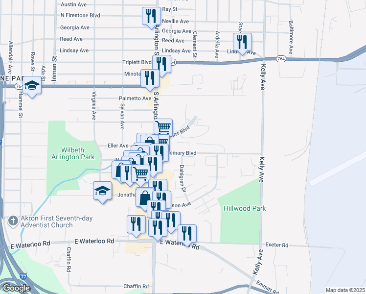 map of restaurants, bars, coffee shops, grocery stores, and more near 1300 Dahlgren Drive in Akron